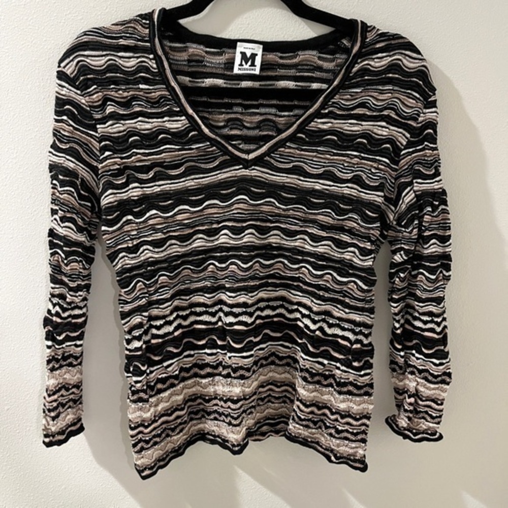 Missoni Size 10 Striped V-Neck Merino Wool Blend Knit Long Sleeve Shirt Italy